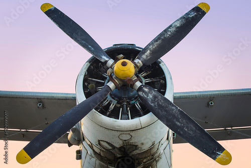 Old single engine propeller airplane in dust photo