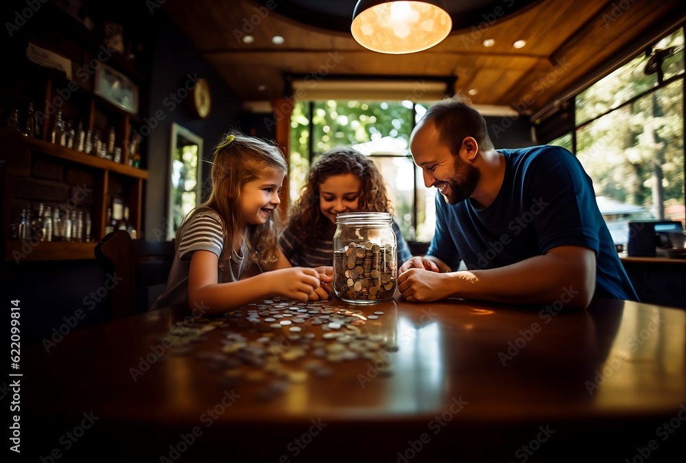 multicultural family saving money,  A Smiling Family Cultivates Financial Responsibility, Happy Family Savings, Playful Money Lessons in family, Family Bonding through Savings.