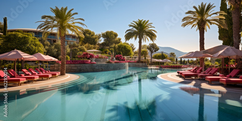 A swimming pool at a hotel resort in Italy The pool offers scenic poolside views of palm tress. The perfect getaway for a summer vacation. © jonathon