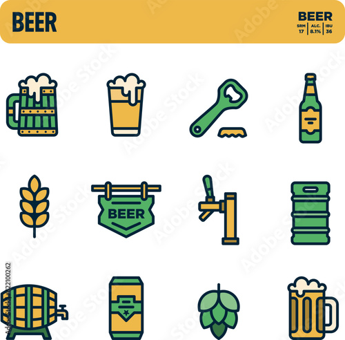 Beer icons. Brewing icons set. Color icon design. Alcoholic drink.