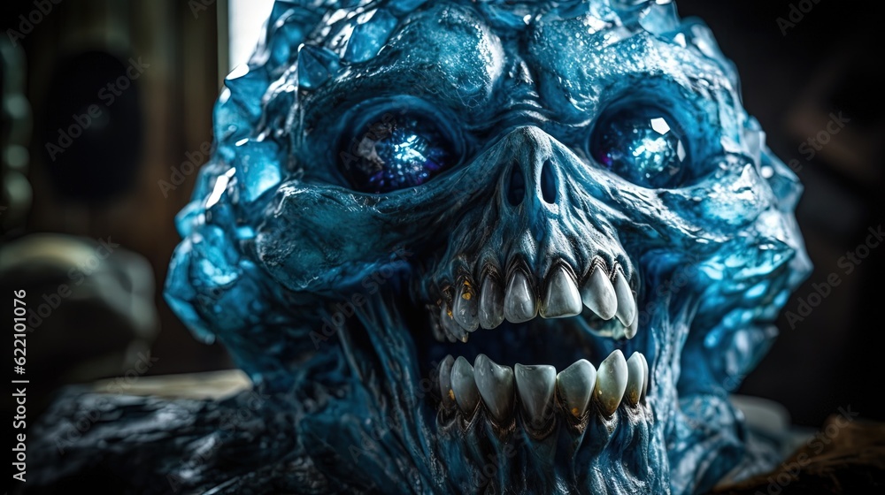 Crystal monster head with blue glowing eyes.. Extraterrestrial ice monster head. Generative AI Crystal monster head with blue glowing eyes.. Extraterrestrial ice monster head. Generative AI
