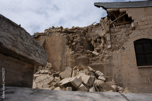 “Şirvani Cami” Destroyed mosque minaret in the old city of Gaziantep due to Turkey Earthquake in 2023