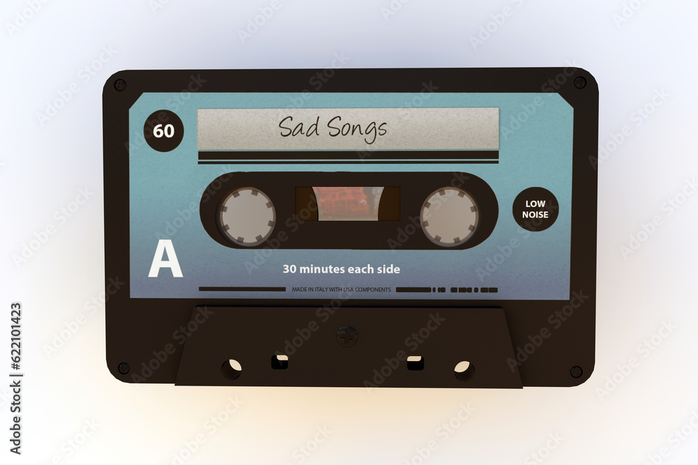 cassete tape with sad songs inside isolated on white background