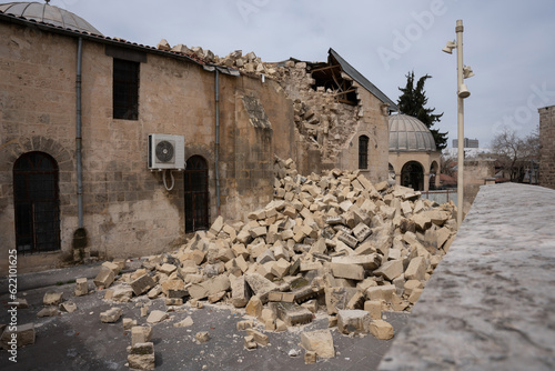 “Şirvani Cami” Destroyed mosque minaret in the old city of Gaziantep due to Turkey Earthquake in 2023