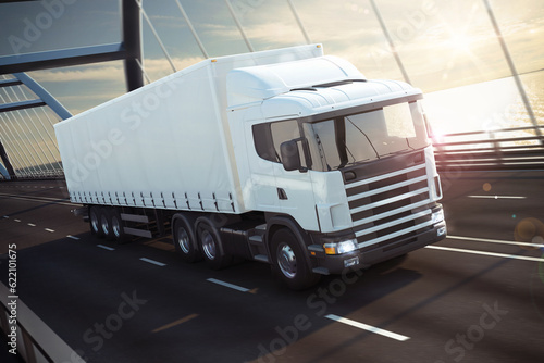 3D Rendering white truck on a sea bridge