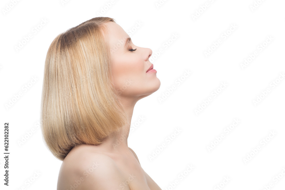 Profile of beautiful middle aged woman with smooth skin and short blond hair. Beauty shot. Isolated over white background. Copy space. Profile of beautiful middle aged woman with smooth skin and short blond hair. Beauty shot. Isolated over white background. Copy space.