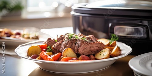 beef pot roast in bowl on kitchen table infront of slowcooker created with generative AI