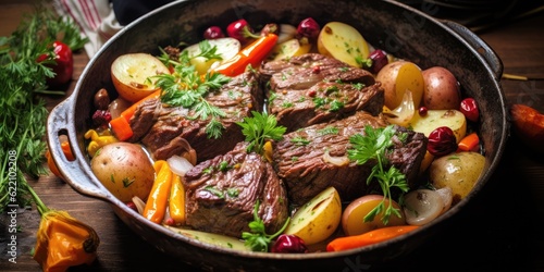 beef pot roast in dutch oven pan created with generative AI