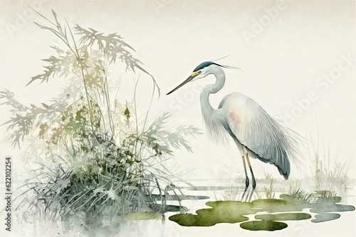 Heron in style of watercolor illustration. Minimalistic. Generative AI