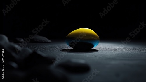 Stone with a yellow tinge on a blue ground. Black background. Generative AI