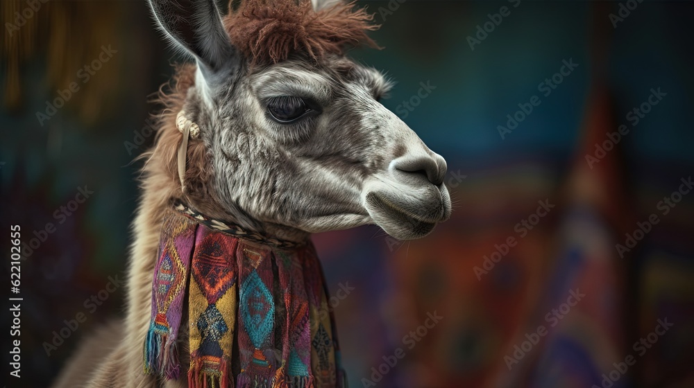 Close-up lama in colorful clothing. Generative AI