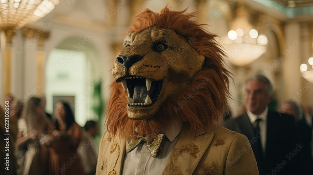 Person wearing lion mask and suit at the ball. Generative AI