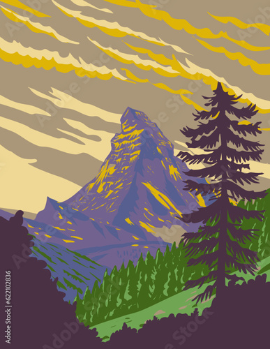 WPA poster art of the Matterhorn overlooking the Swiss town of Zermatt in the canton of Valais in  Switzerland done in works project administration or Art Deco style.