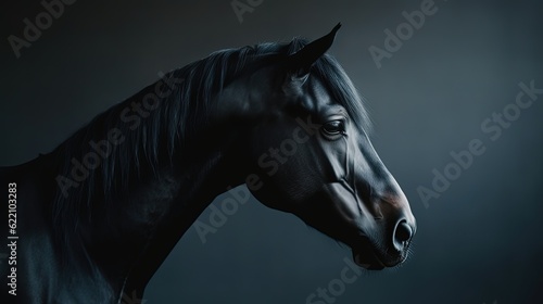 Incredible black horse on minimalistic background. Horse head in profile. Generative AI