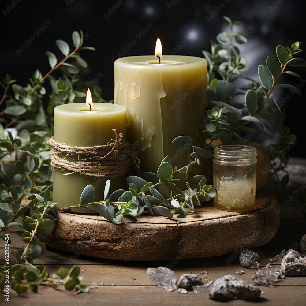 Candle and eucalyptus branch on table created with Generative AI technology	