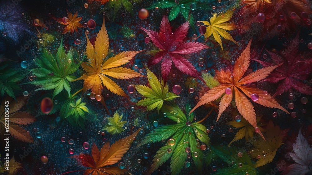Colorful leaves with raindrops. Generative AI Colorful leaves with raindrops. Generative AI