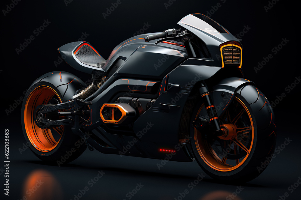 Bike Concept Design. Futuristic Gold Mechanic Model, Glowing Luxury Nightlife Speed Vehicle for High Performance, Graphic Transport Design. Generative AI