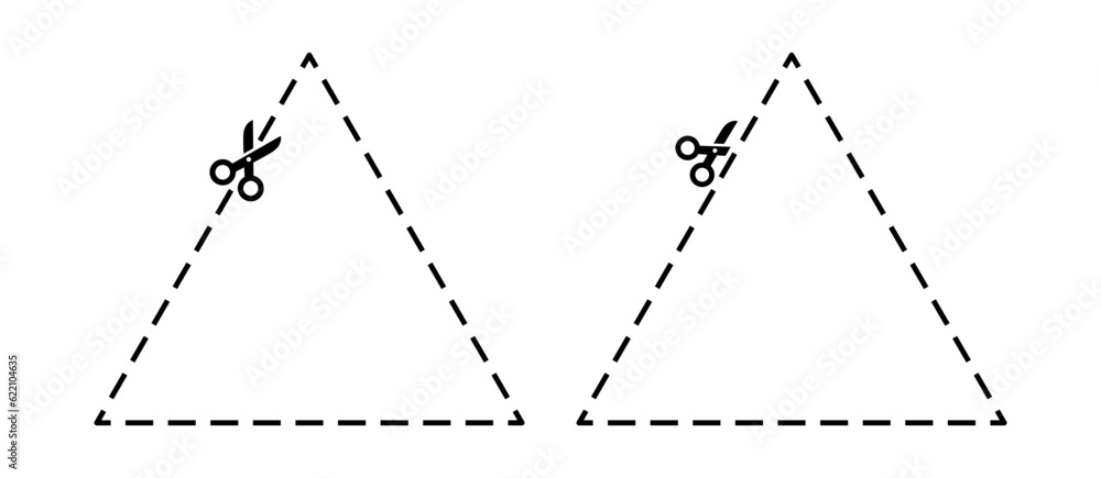 Triangle cut out illustration. Trim with scissor coupon, voucher. Crop triangle. Dash line for cutting. Scissors line. Triangle cut out illustration. Trim with scissor coupon, voucher. Crop triangle. Dash line for cutting. Scissors line.