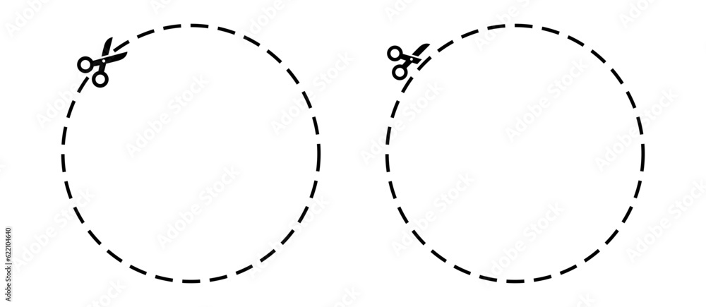 Circle cut out illustration. Trim with scissor coupon, voucher. Crop oval. Dash line for cutting. Scissors line. Circle cut out illustration. Trim with scissor coupon, voucher. Crop oval. Dash line for cutting. Scissors line.