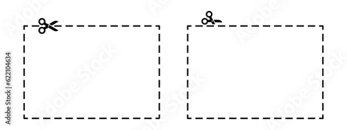 Rectangle cut out illustration. Trim with scissor coupon, voucher. Crop ractangle. Dash line for cutting. Scissors line. 