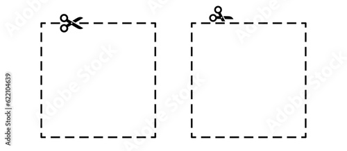 Square cut out illustration. Trim with scissor coupon, voucher. Crop cube. Dash line for cutting. Scissors line.  photo