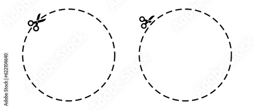 Circle cut out illustration. Trim with scissor coupon, voucher. Crop oval. Dash line for cutting. Scissors line. 