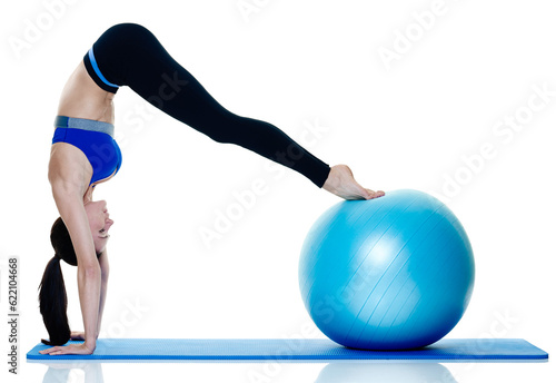one caucasian woman exercising fitness pilates exercices isolated on white background