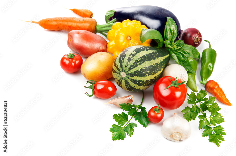 Fresh vegetable with green leaves and herbs, isolated on white background Fresh vegetable with green leaves and herbs, isolated on white background