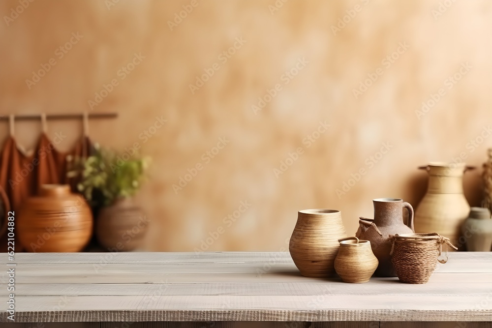 Wooden table with vintage wall and decoration background