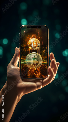 smartphone in hand, and on the smartphone screen bitcoin and cryptocurrencies, easy earnings on crypto exchanges advertising background, generative ai