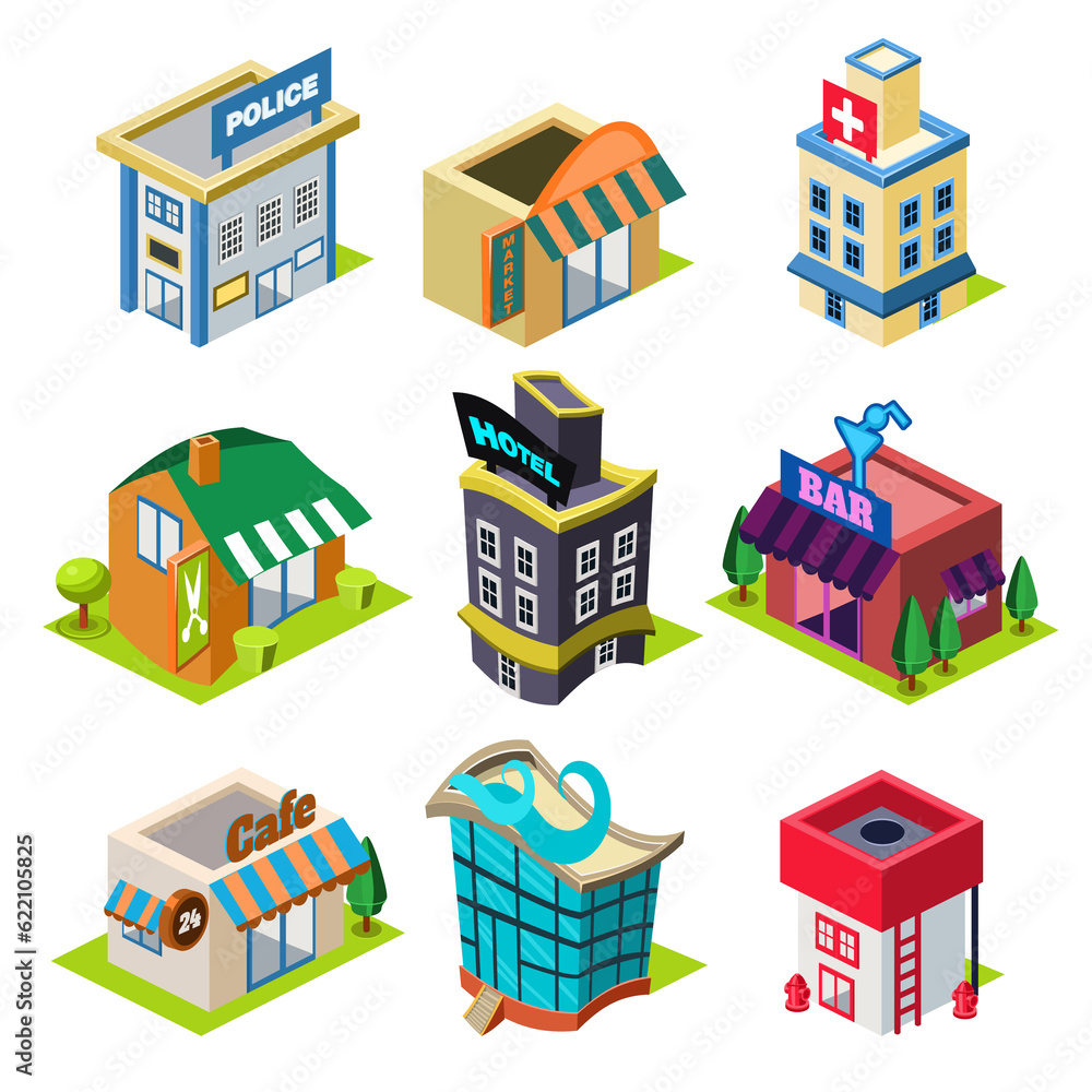 Set of the isometric city buildings and shops, Elements for map
