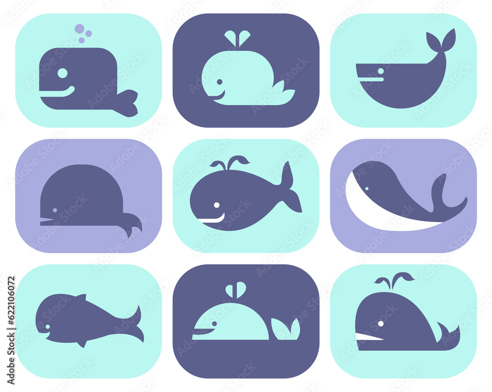 Collection of whale icons and illustrations