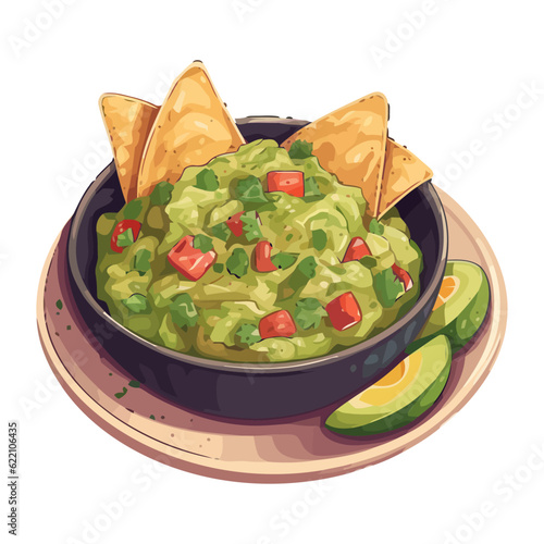 Fresh guacamole and salsa dip in tortilla bowl