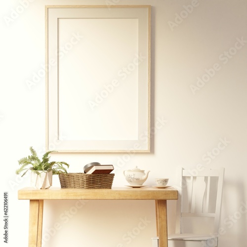 24 x 36 inches portrait wooden frame mockup as lifestyle photo with books  fern plant  table  chair  teapot  basket as a 3d rendering.