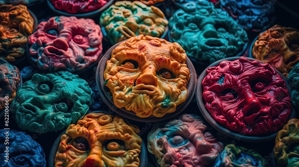Colorful cookies with faces. Generative AI