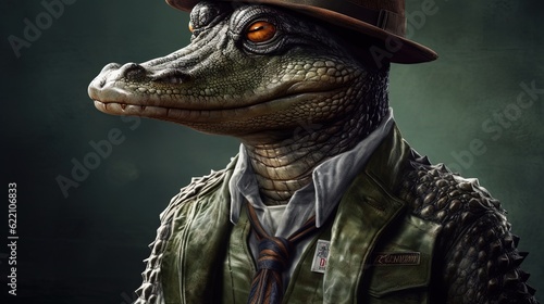 Anthropomorphic crocodile in suit. Generative AI
