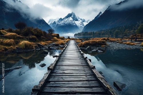 Where Dreams Unfold: Lost in the Enchanting Reverie of an Empty Wooden Jetty Leading to a Peaceful Lake, Encircled by the Enigmatic Embrace of a Misty Mountain Range Generative AI photo
