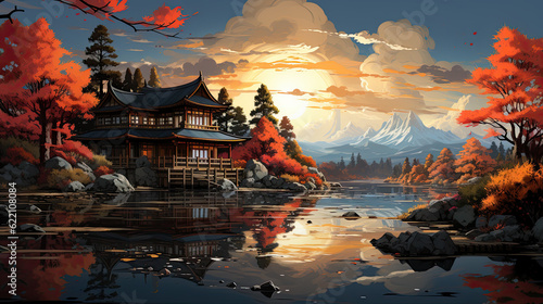 A painting of a house in the middle of a lake. Generative AI. © tilialucida