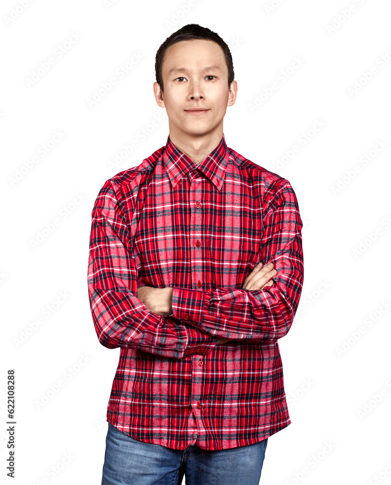 Asian man looking on camera, with folded hands Asian man looking on camera, with folded hands