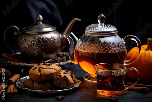 A cup of tea next to a plate of cookies and a teapot. Generative AI. Autumn decor, black tea in glass tea pot.