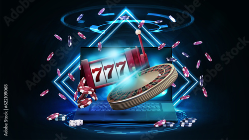 Online casino, banner with hologram podium with laptop, casino slot machine, Casino Roulette and poker chips in dark scene with neon rhombus frames and hologram of digital rings