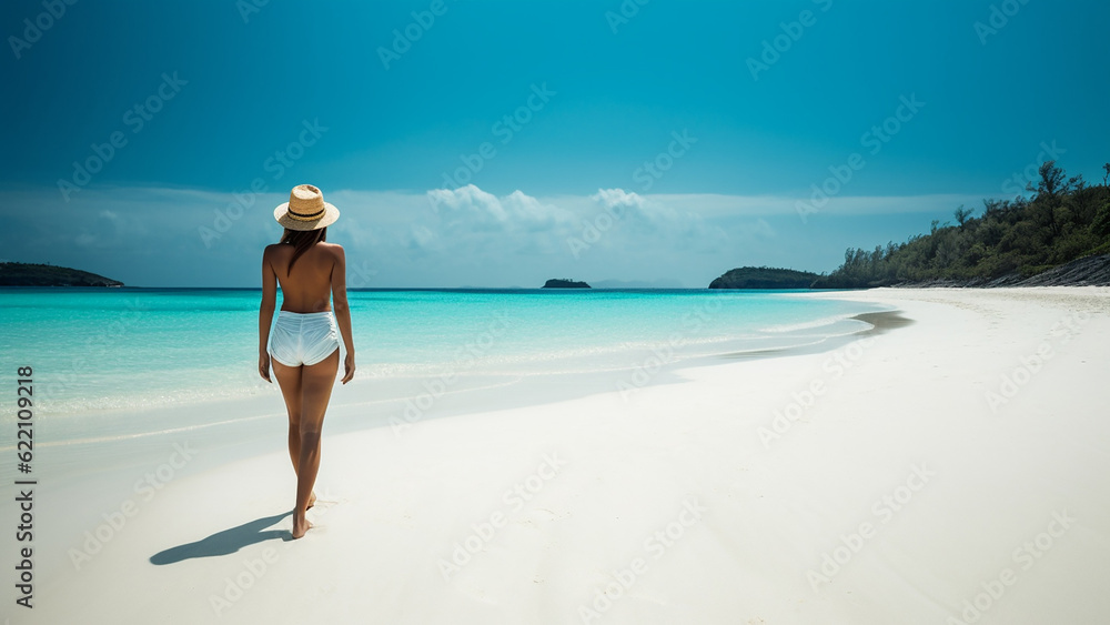 Beautiful young woman on a sandy tropical sea beach, view from the back. Generative AI Beautiful young woman on a sandy tropical sea beach, view from the back. Generative AI