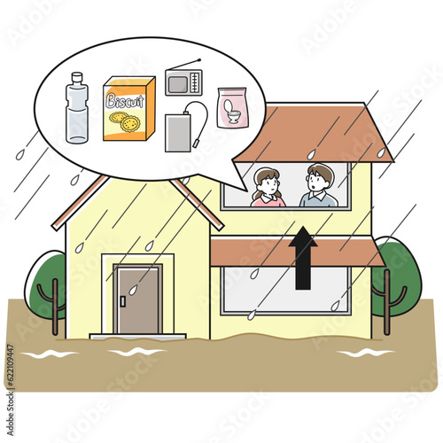 水害時に建物の二階へ避難する人と防災用品
