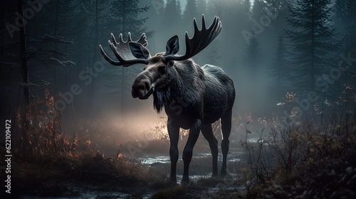 Moose in misty forest. Generative AI