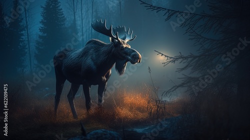 Moose in misty forest. Generative AI