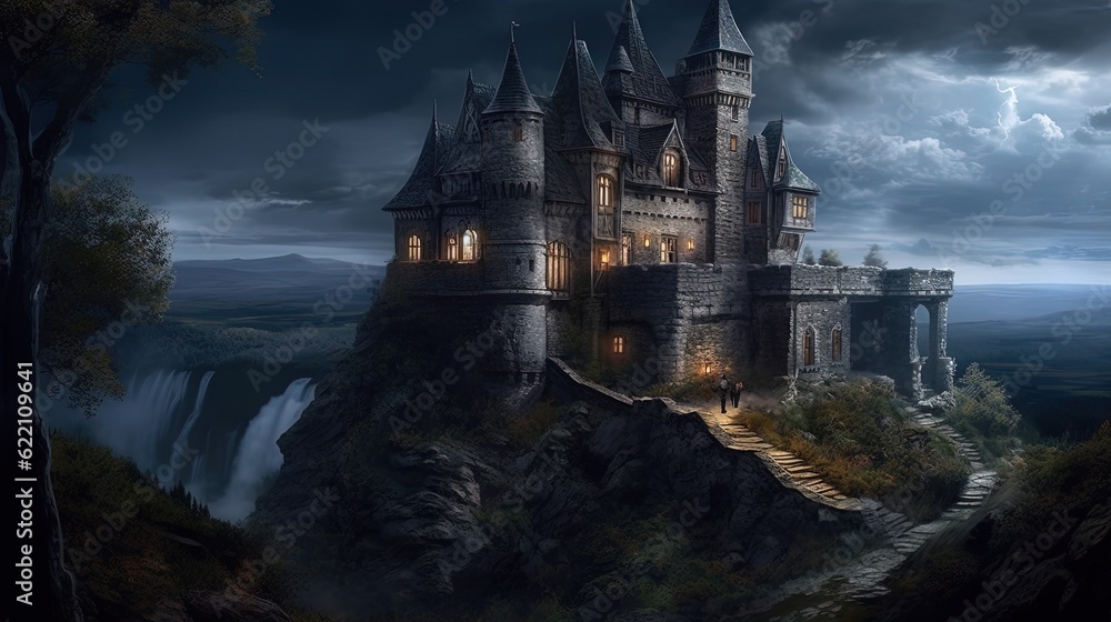 Fantasy castle. Landscape with castle. Generative AI