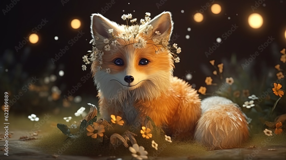 Cute cartoon fox character surrounded with flowers. Generative AI