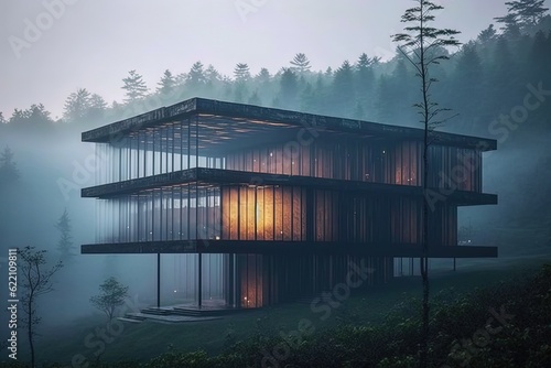 Stunning futuristic luxury eco-home in misty forest. Generative AI