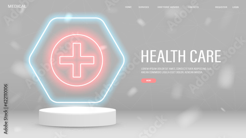 A web banner with a neon medical cross in a circle on a white podium with a hexagonal glowing frame. Concept for healthcare on a white background with text.