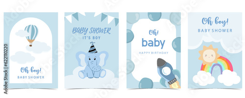 Baby shower invitation card for boy with balloon, cloud,sky, blue